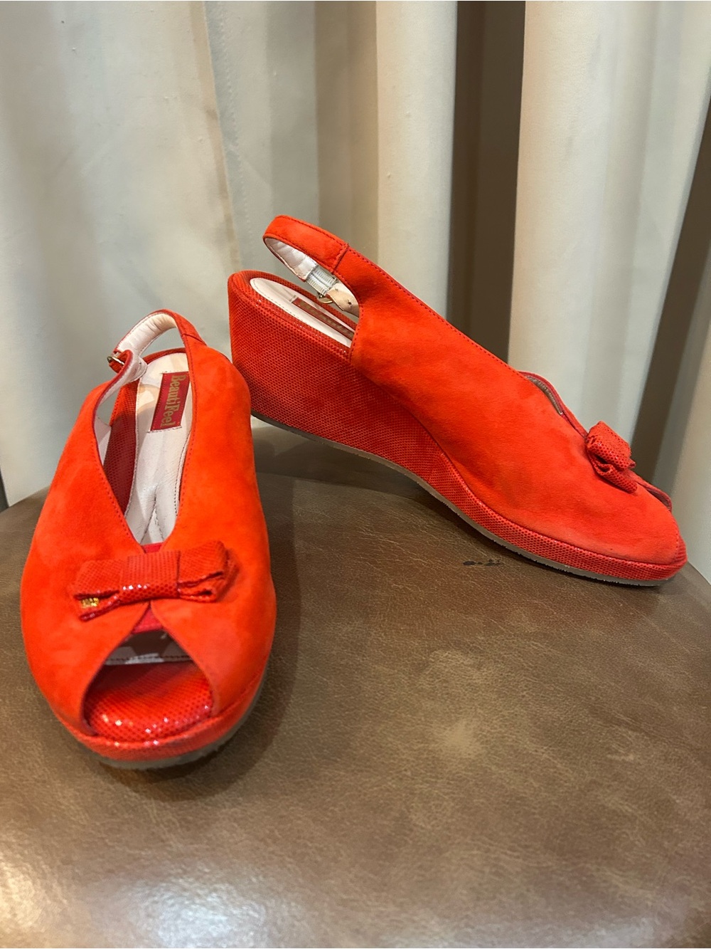 BeautiFeel Red Suede Peep-Toe Wedge Slingback with Bow Accent